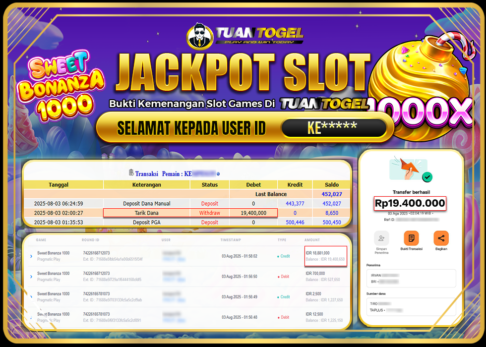 TUANTOGEL JACKPOT SLOT SWEET BONANZA 1000 Rp19.400.000, - LUNAS